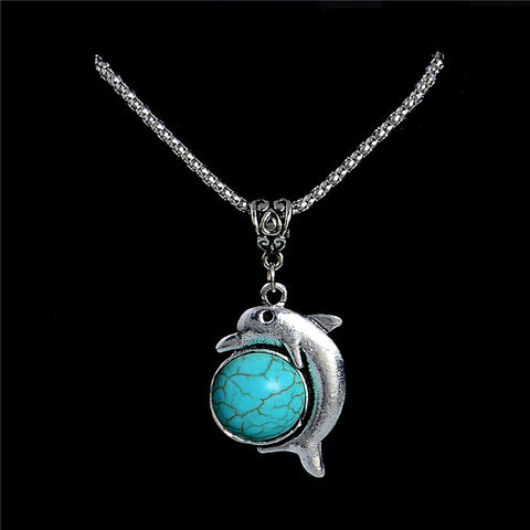 Vintage Style ClassicTurquoise Stone with Cute Dolphin Pendant Necklace