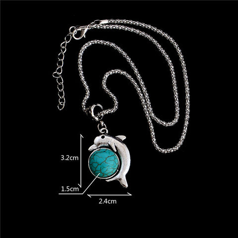 Vintage Style ClassicTurquoise Stone with Cute Dolphin Pendant Necklace