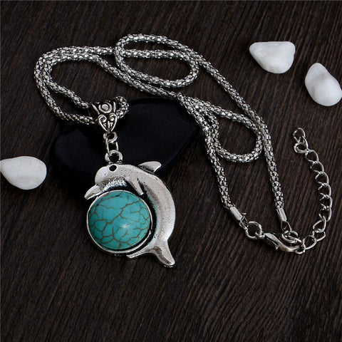 Vintage Style ClassicTurquoise Stone with Cute Dolphin Pendant Necklace